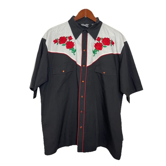 Dragonfly Men's XL Black White Rose Embroidered Snap Button Down S/S Shirt - Picture 1 of 8
